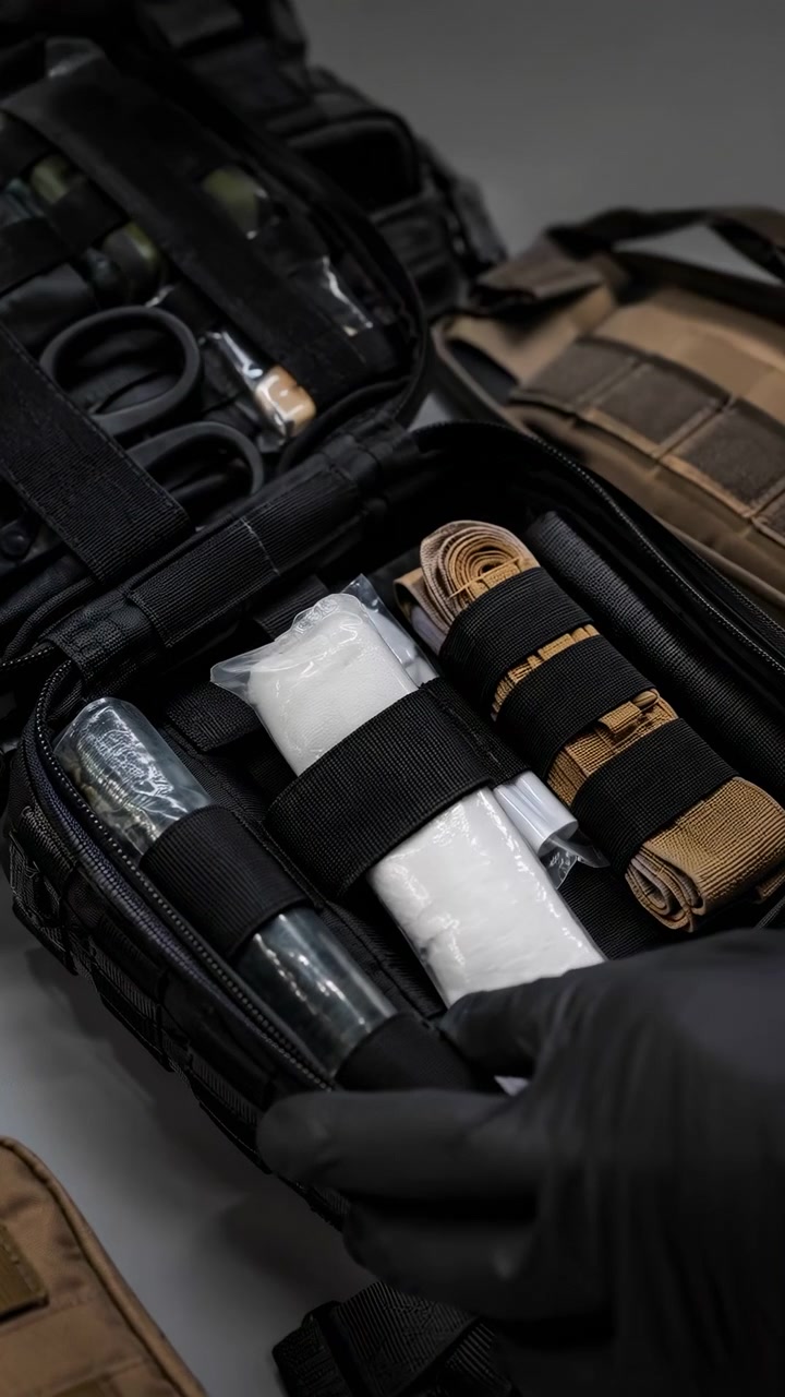 Närbild uppifrån på öppen svart taktisk sjukvårdsväska på grå yta, med handskbeklädda händer i svart nitril som tar bort rullad beige tourniquet från elastisk ögla bredvid förseglade förnödenheter och prydlig utrustning