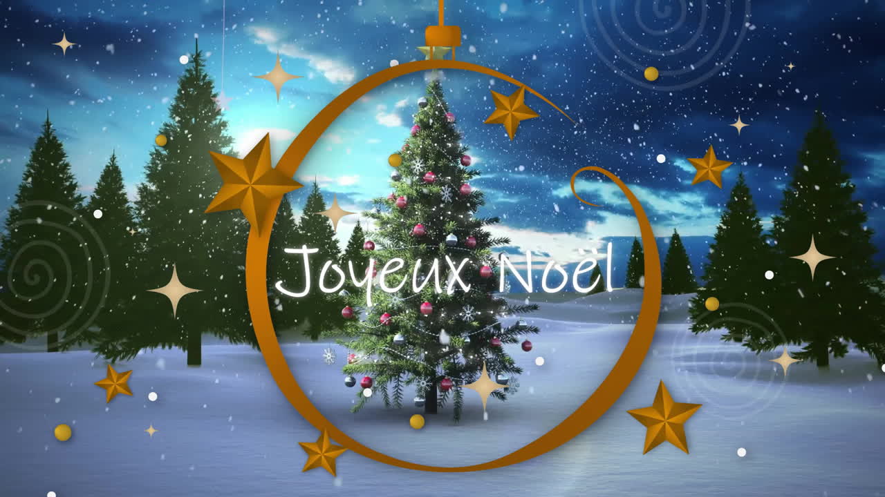 Sapin de Noël et décorations avec animation de texte Joyeux Noël sur un paysage enneigé