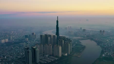 drone view hyperlapse landmark 81 in sunrise, ho chi minh city, south vietnam