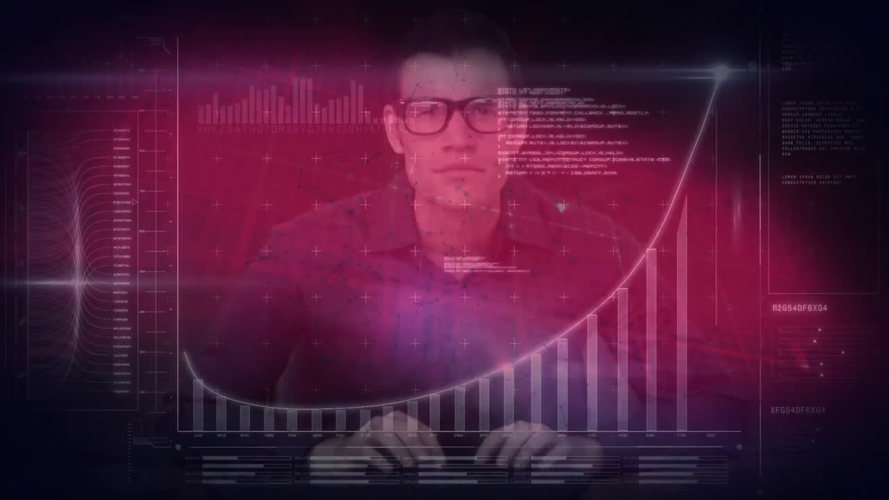 animación de puntos de luz y procesamiento de datos sobre empresario caucásico en fondo negro.