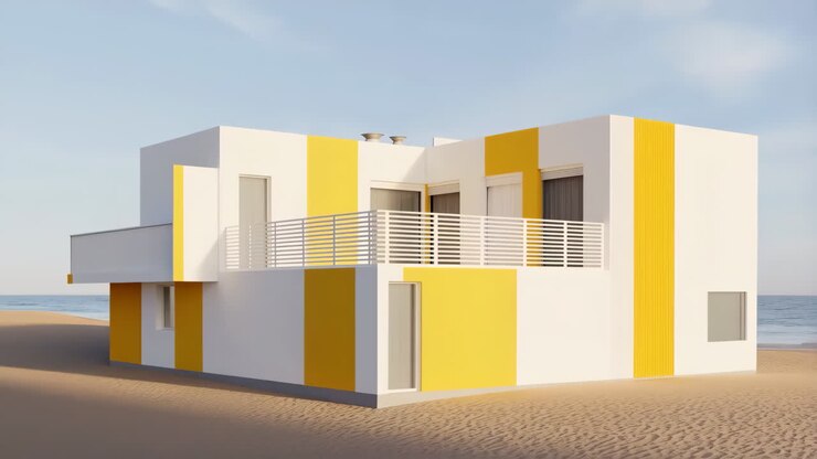 Moderne hvidt og gult strandhus på en sandstrand