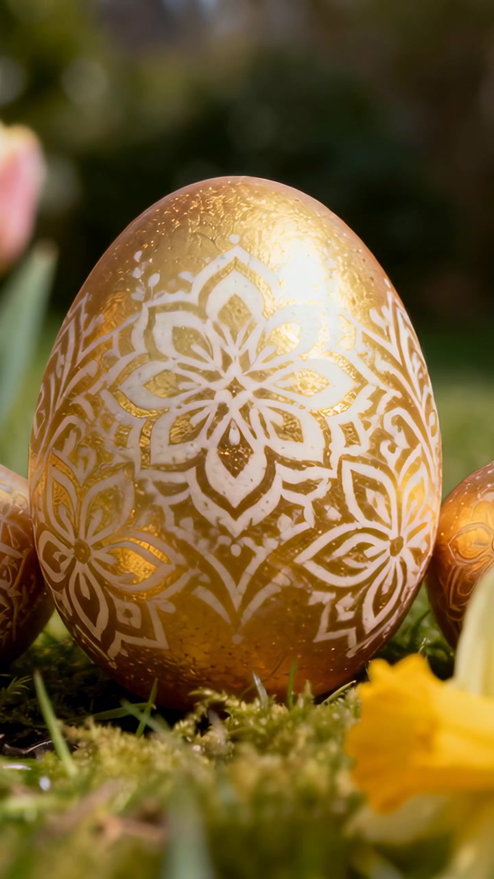 Vertical video: Camera shifting, capturing golden egg highlighting mandala on moss with daffodil