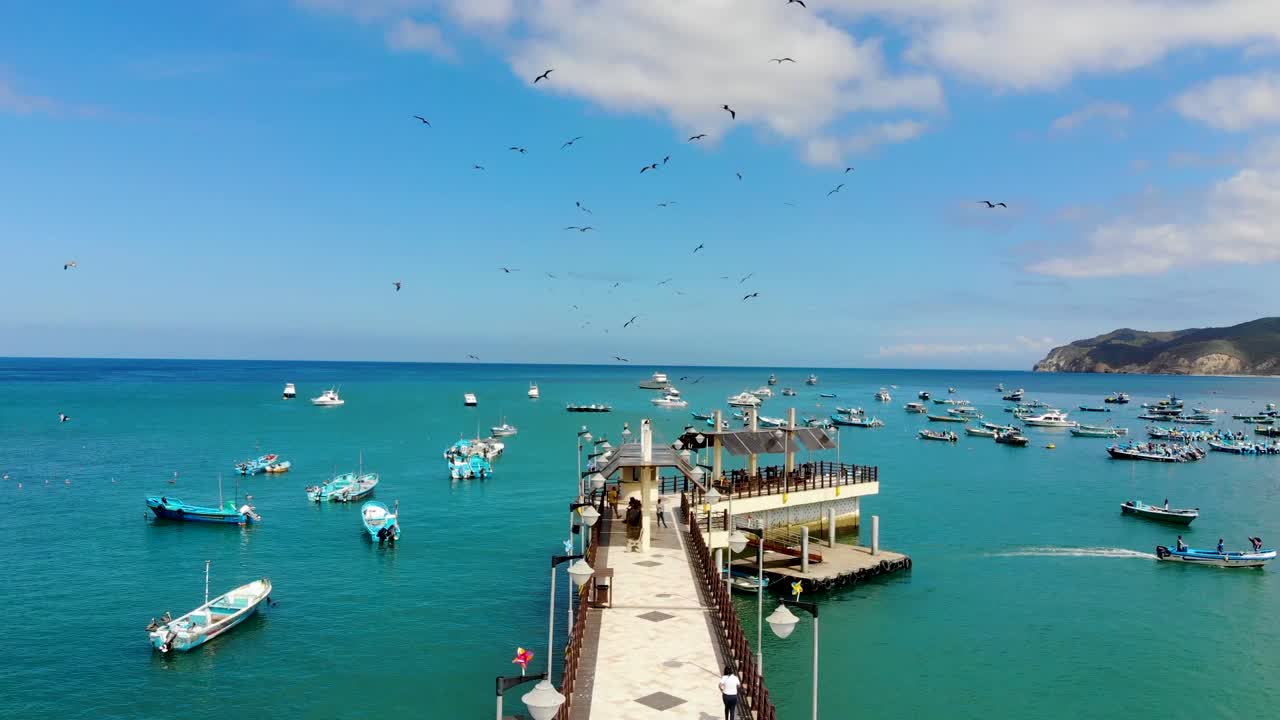 Majestic pedestrian bridge to crystal clear blue ocean water with many boats and birds flying. Aerial flying forward view