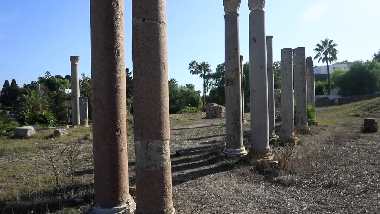 ruinas rústicas de columnas romanas en cartago, túnez, con artefactos esparcidos en la hierba seca iluminada por el sol