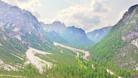 Valley-forestry-downslide-alps-of-Pragser-Wildsee-Italy-aerial