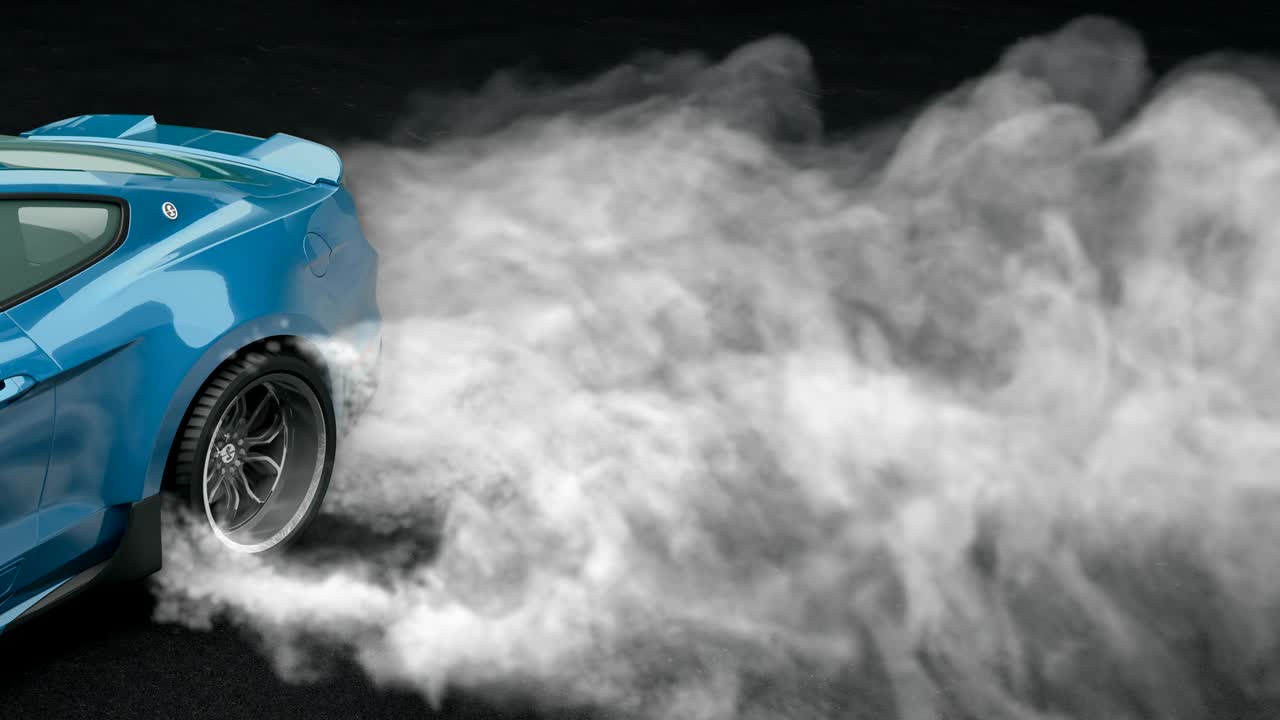 coche deportivo a la deriva en el asfalto. humo espeso de los neumáticos en llamas. animación en bucle 3d.