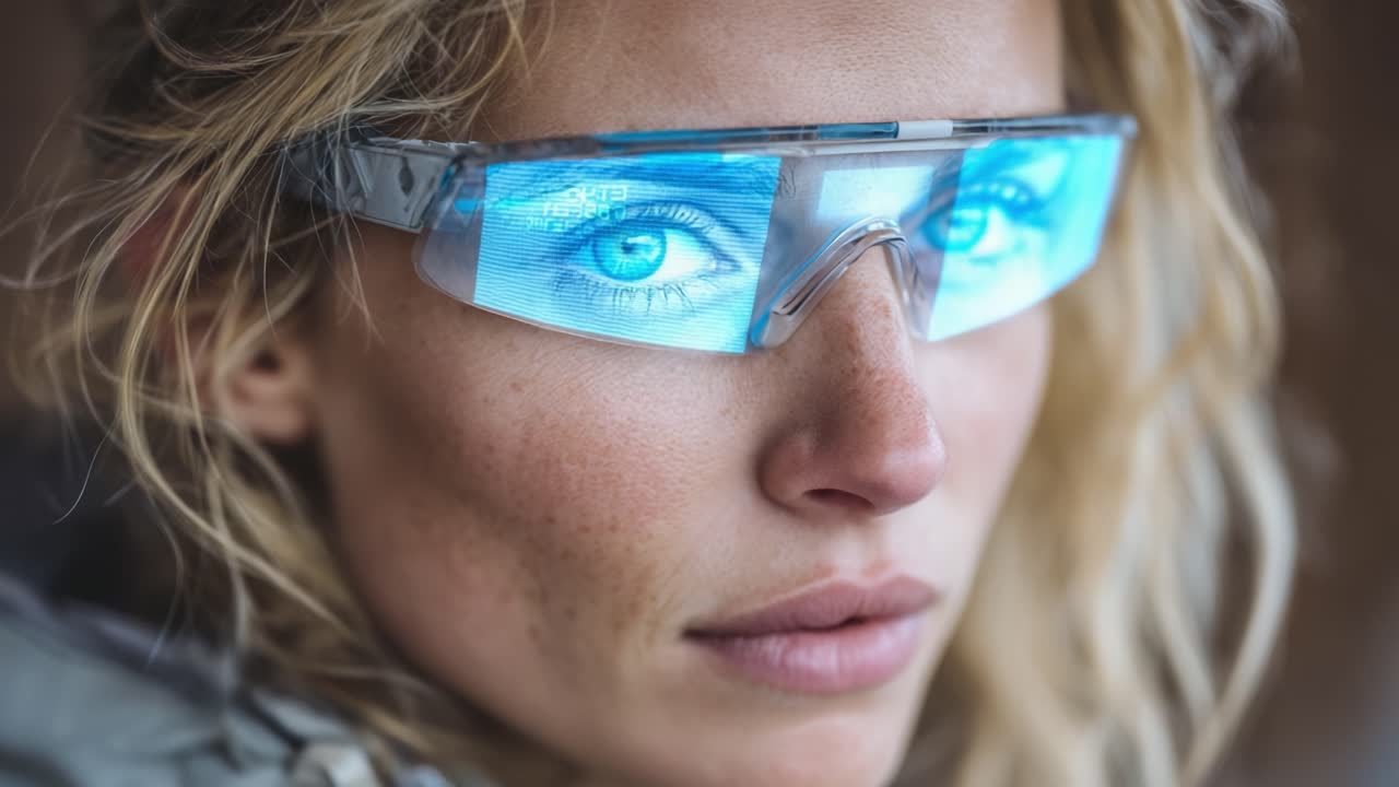 A captivating close-up of a woman wearing futuristic smart glasses that display digital information, showcasing striking blue eyes and a natural beauty against a soft background