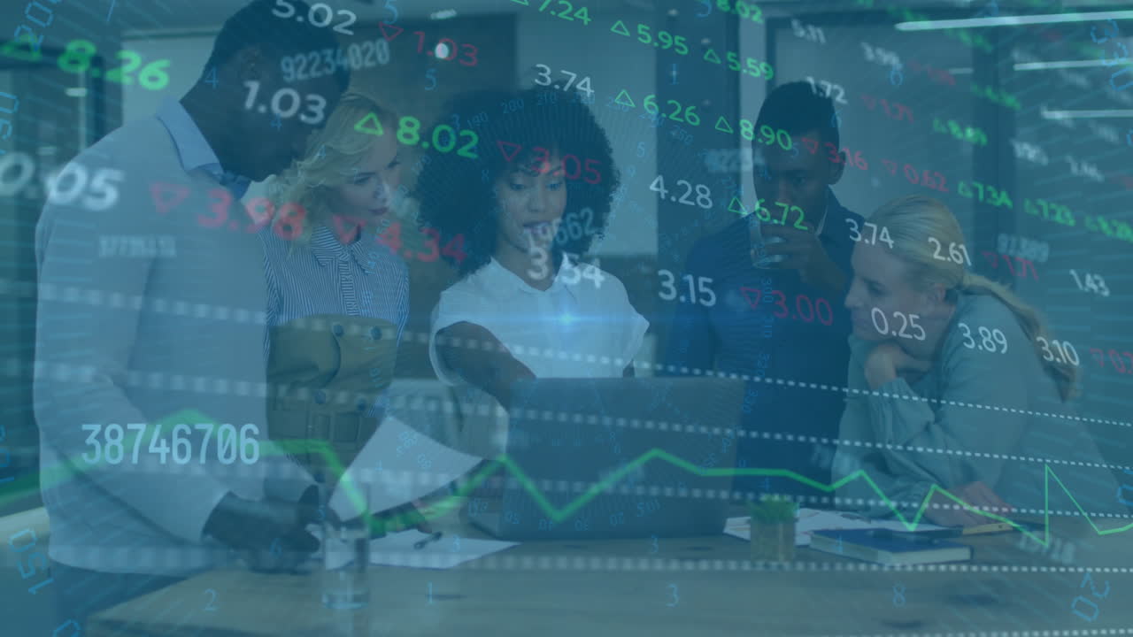 Animation of financial data processing over diverse colleagues discussing work in office
