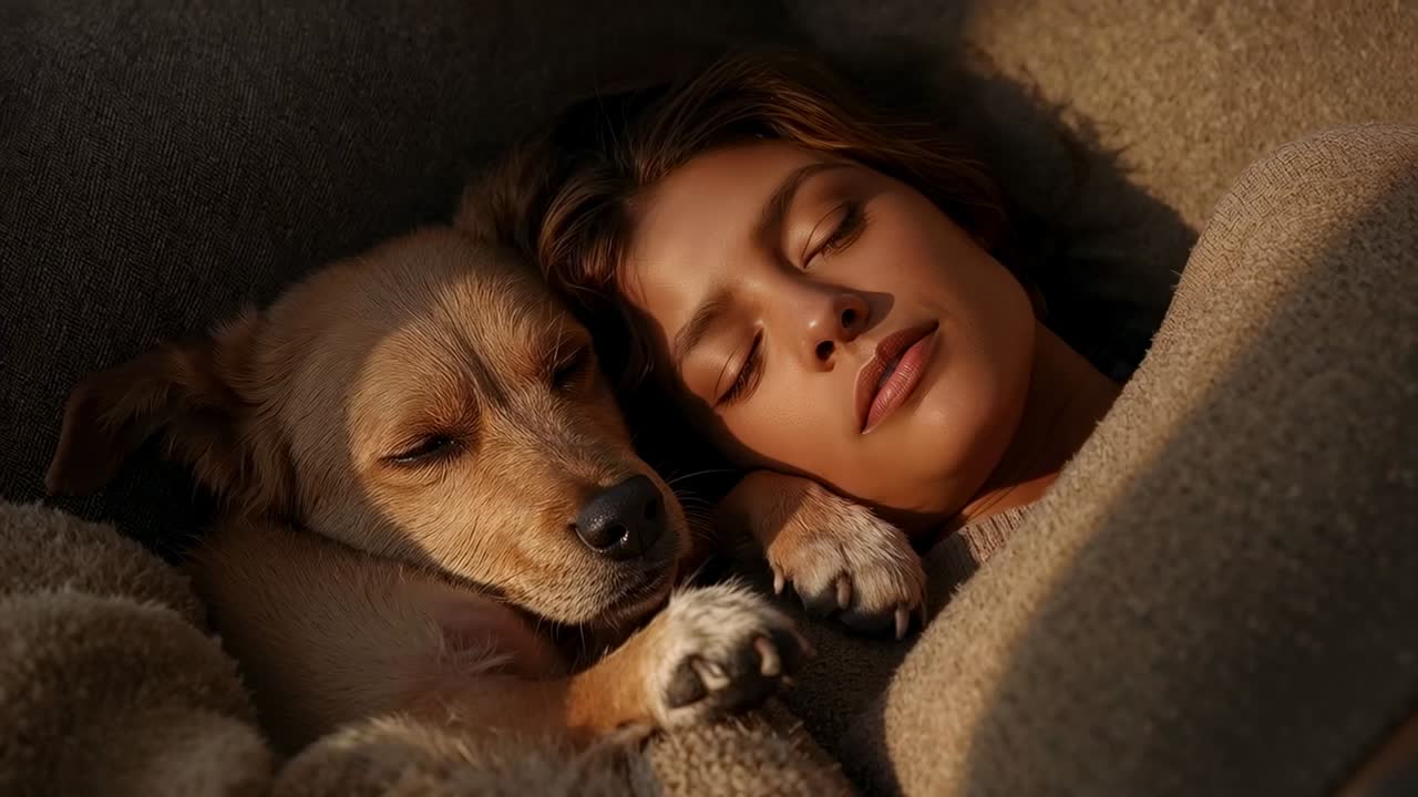 Cane che si sveglia alla luce del sole, apre gli occhi e alza la zampa verso una donna che riposa avvolta in un maglione di lana sotto una coperta
