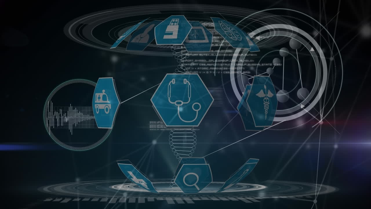 의학 아이콘 위에 회전하는 dna 가닥의 애니메이션, 파란색 배경의 과학 데이터 처리