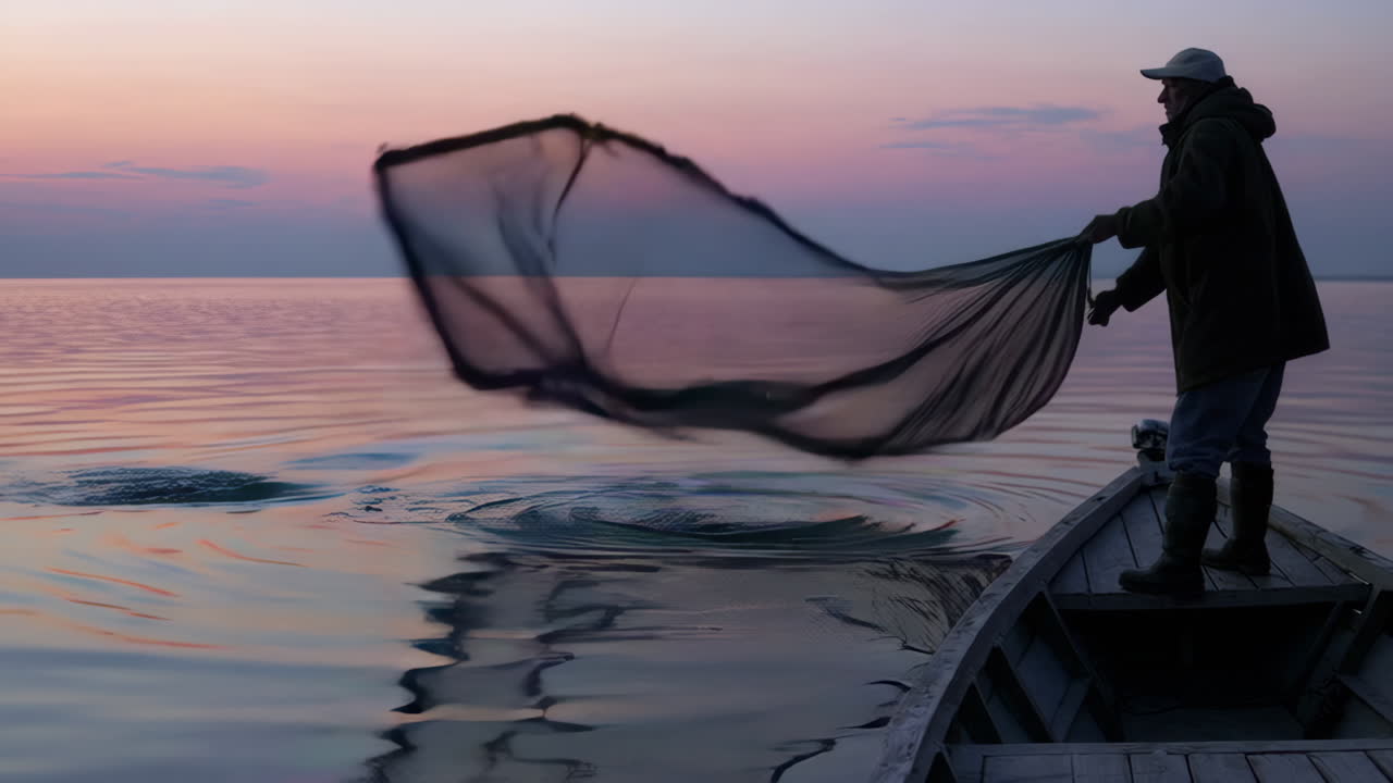 Pescatore che lancia una rete all'alba/al tramonto