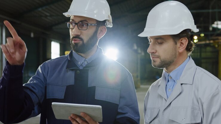 Two workers wearing helmets talking while looking at the tablet in a big factory
