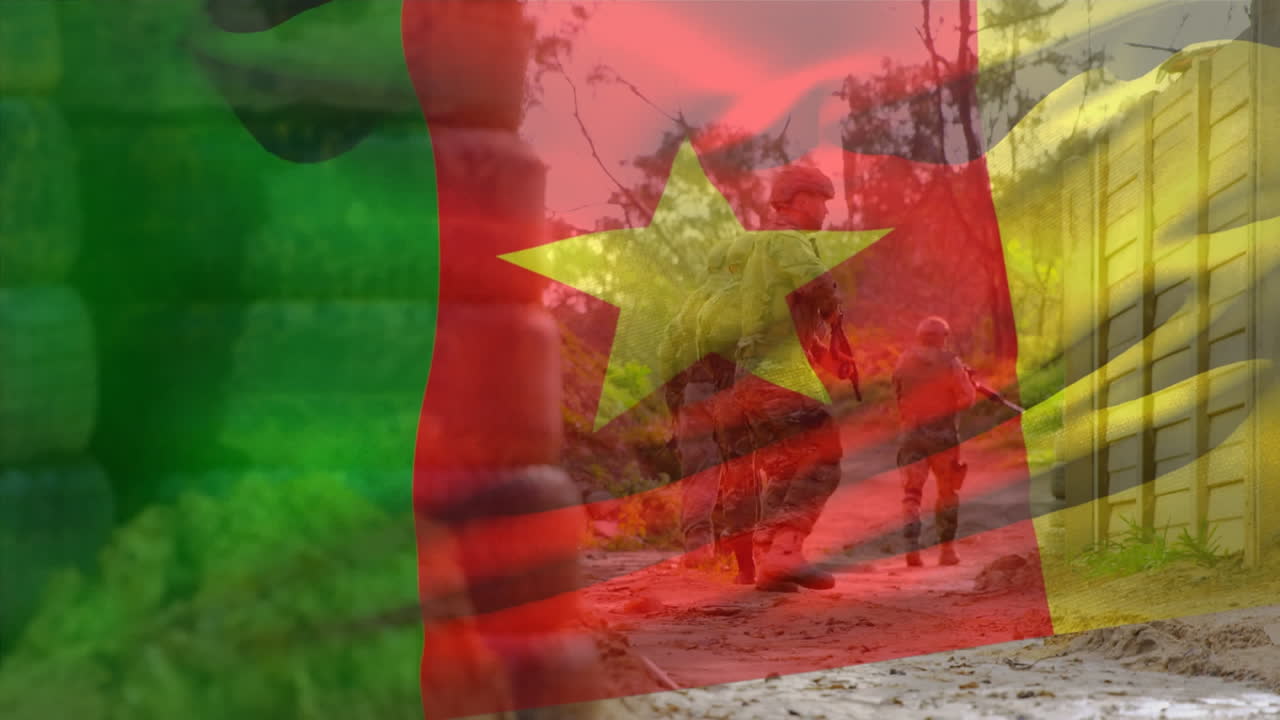 카메룬의 발이 무기를 들고 걸어가는 다양한 남성 군인 위에 있는 애니메이션