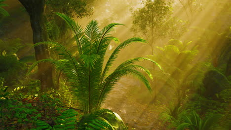 a sunbeam shines through the dense foliage of a lush tropical jungle