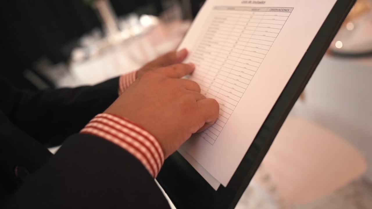 Organizador de eventos preparando una recepción, comprobando los nombres de los asistentes en una lista de invitados con un portapapeles, asegurando una gestión y organización fluidas para una reunión corporativa o social
