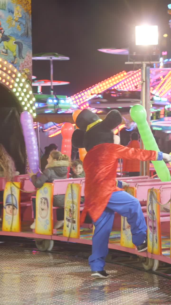 Mascot Dancing on a Carnival Ride at Night