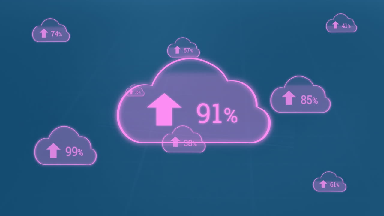 파란색 배경에 그래프와 차트 위에 숫자를 가진 구름의 애니메이션