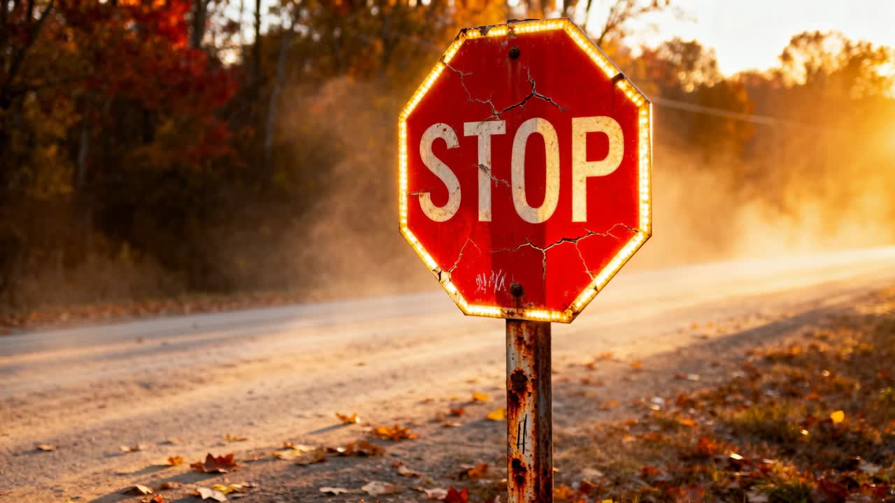 Glühendes, verrostetes achteckiges Stoppschild mit Lichtkante auf ländlicher Schotterstraße, aufsteigender Staub, Lackrisse.