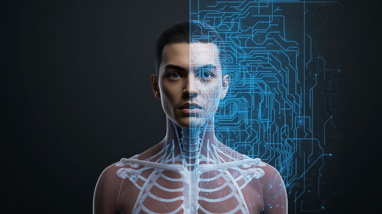 Opening frame showing male bust morphing from skeleton into glowing circuit grid on dark background