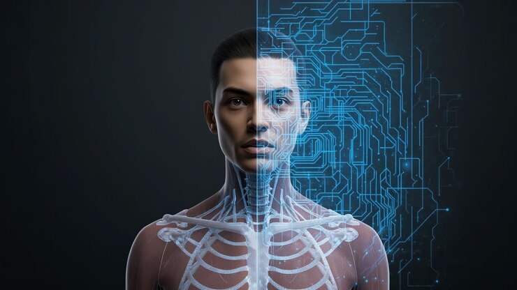 Opening frame showing male bust morphing from skeleton into glowing circuit grid on dark background