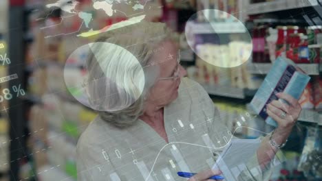 procesamiento de datos financieros contra una mujer mayor tomando notas mientras compra comestibles