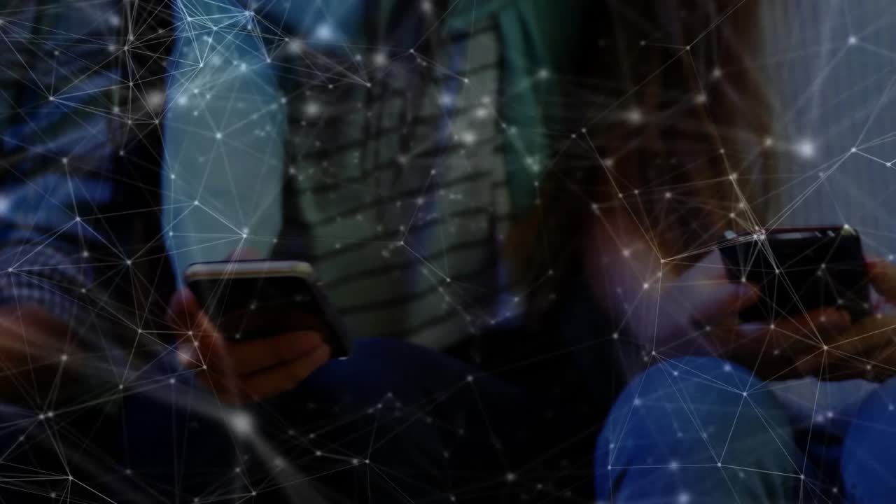 Network appearing triggers team tapping phones while nodes linking devices showing digital bond
