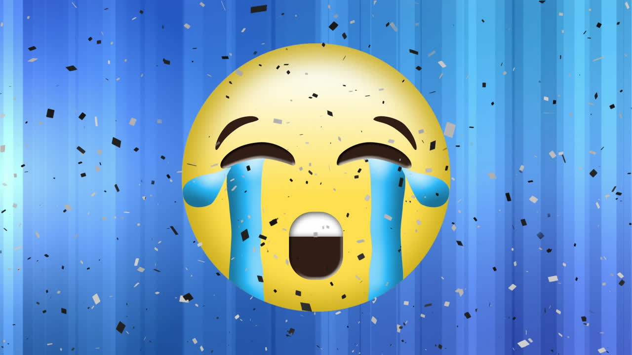 animación del icono de emoji llorando sobre un fondo azul con manchas blancas que caen