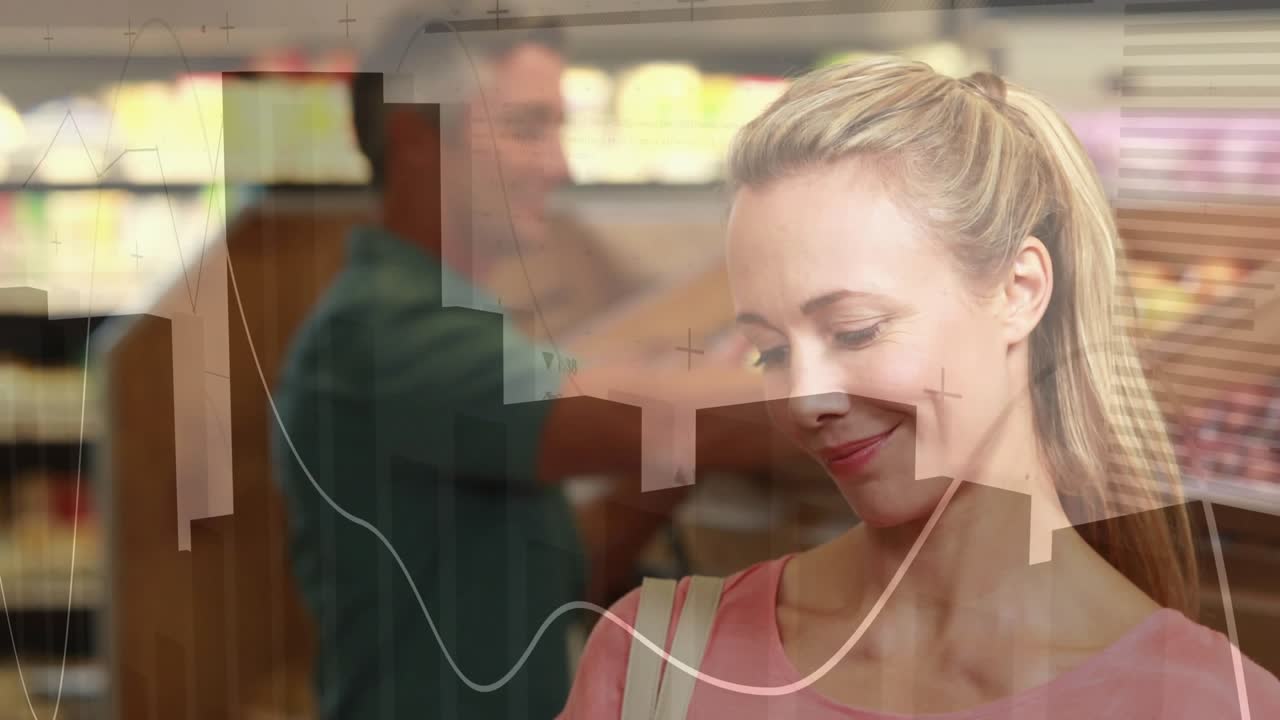 Woman checking spiral notepad with blue pen, writing list in grocery aisle, charts overlaying scene