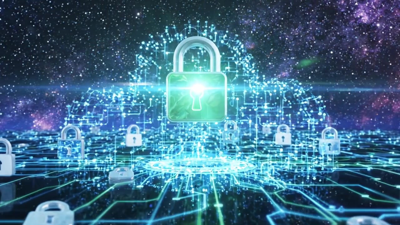A Dazzling Display of Digital Security: An Enchanting Scene of Futuristic Lock Technology and Cyber Defense Amidst a Cosmic Background of Stars and Data Streams