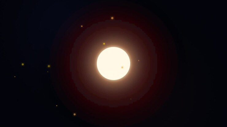 Glowing Sun-Like Sphere Surrounded by Floating Particles in Dark Space