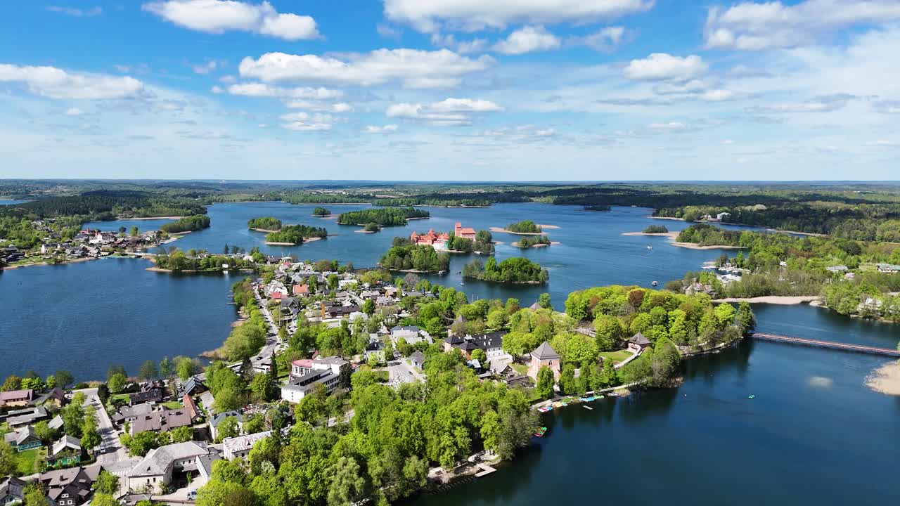 Trakai township and castle island, aerial panoramic view on sunny day
