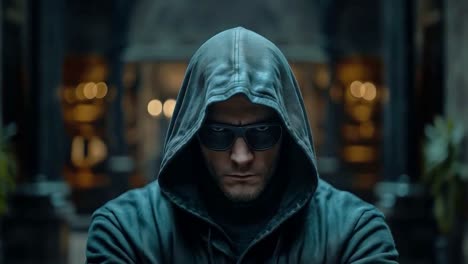 mysterious man in hood and sunglasses