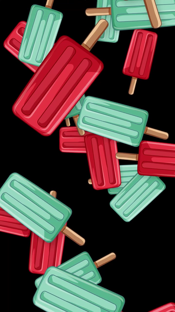 Ghiaccioli colorati a cartone animato cadono verticalmente attraverso una cornice scura in un'animazione giocosa e ripetitiva