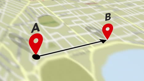 travelling quickest from point a to b animation on a street map with roads