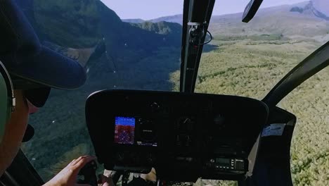 a stunning panoramic view from inside a helicopter flying over the breathtaking landscapes and volcanic terrains of reunion island.