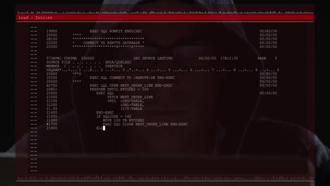 animation of data processing on computer screen over male hacker using computer