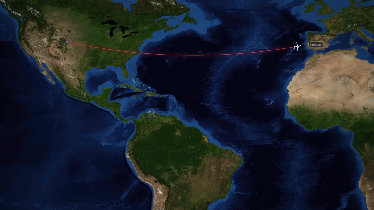 Satellite world map animation shows a plane traveling from Denver to Lisbon with red line