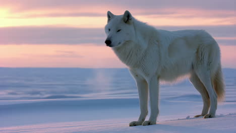 white wolf in snowy landscape at sunset