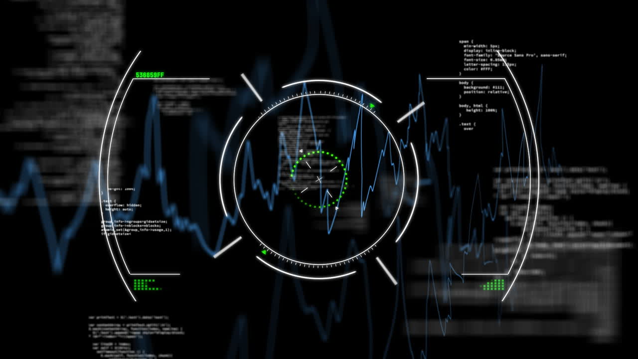 Digital interface with graphs and data processing animation on dark background