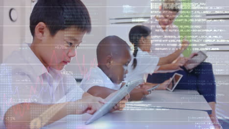 graphic data over smilling schoolboy and female teacher.