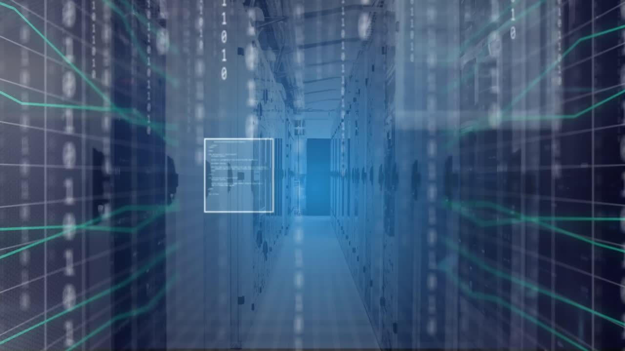 animación del procesamiento de datos y datos binarios a través de la red y la sala de servidores