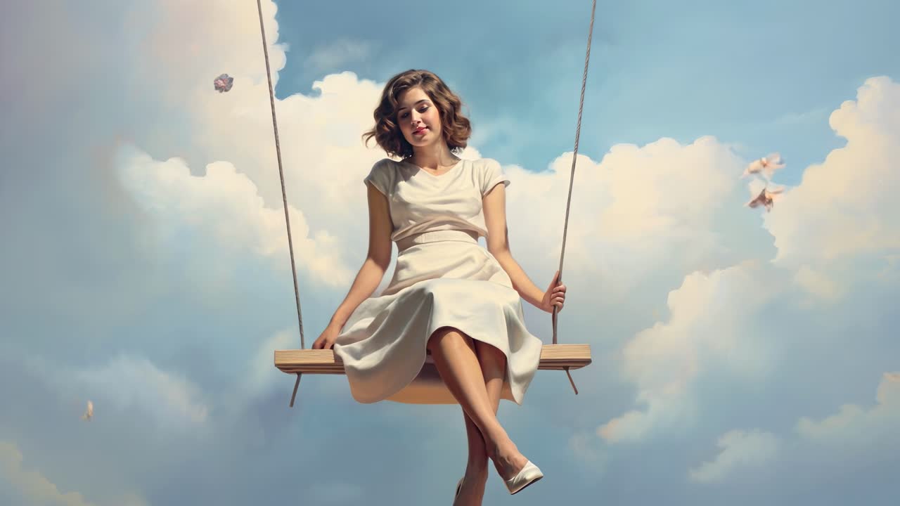 A dreamy, surreal video scene of a woman on a swing, captured from a low angle against a backdrop