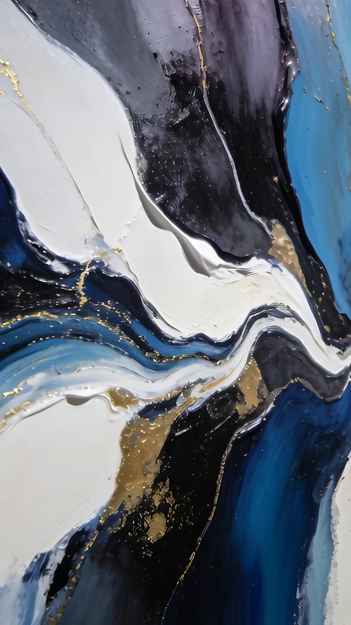 Vertical video: Panning canvas on wall showing palette-knife ridges with gold leaf and navy swirl