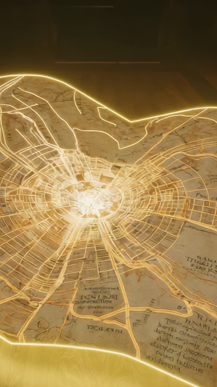 Vertical video: Emerging glow at center animating parchment map lighting radial streets on table