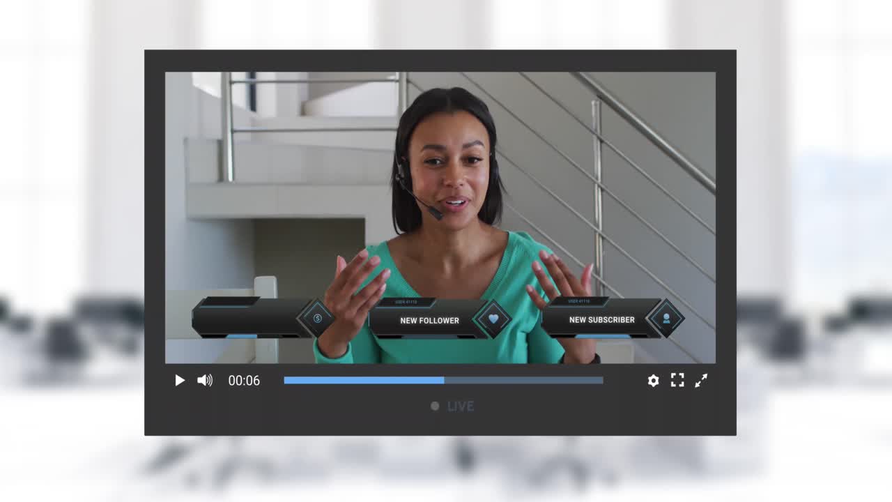 animación de la pantalla de las redes sociales sobre una mujer biracial haciendo un video blog