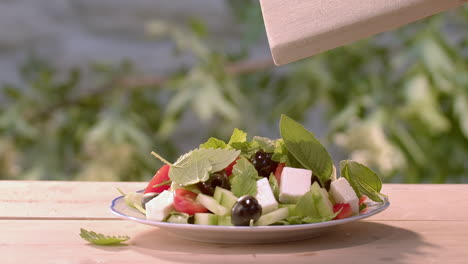 empujando las hojas de menta en un plato de ensalada con un cuchillo, close-up