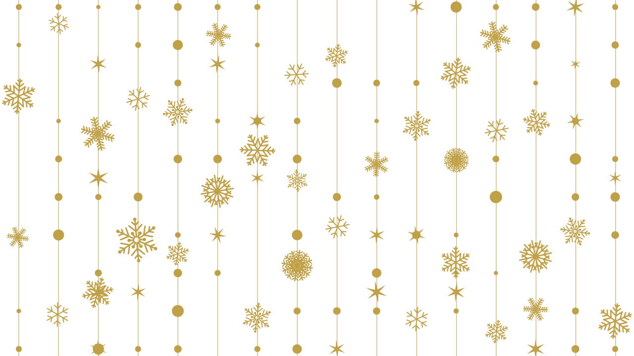 Golden vertical snowflake strings on white
