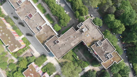 apartment buildings in heidelberg outskirts, germany, orbital bird eye view