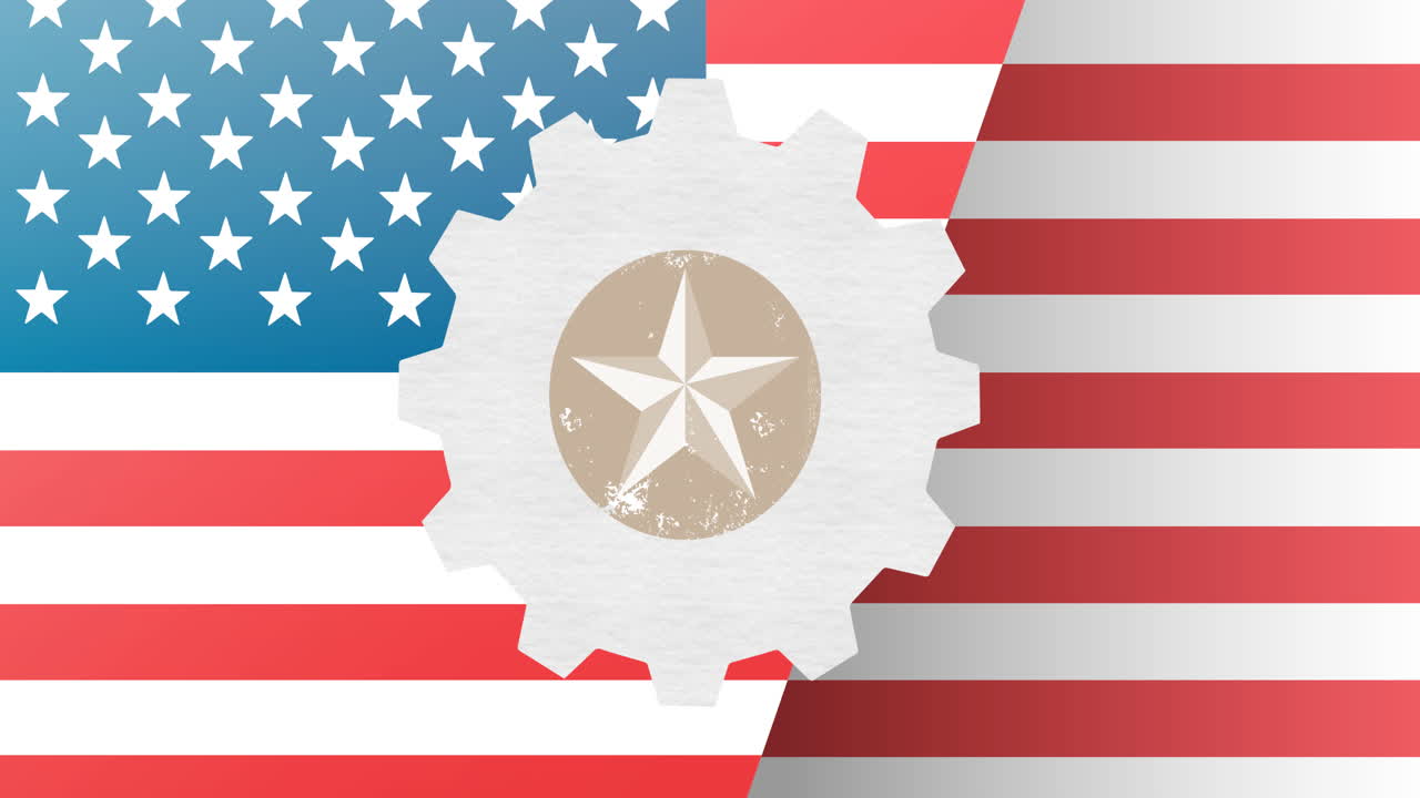 Animazione della stella della Festa del Lavoro su ingranaggio e bandiera americana
