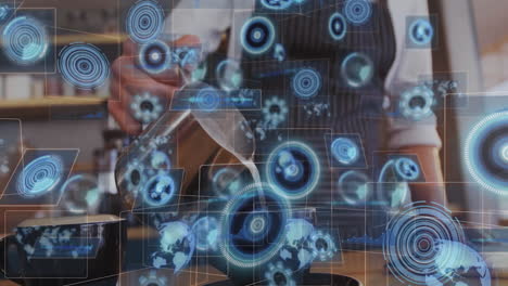 Barista pouring steamed milk in tech coffee shop, with floating holographic charts and globe icons